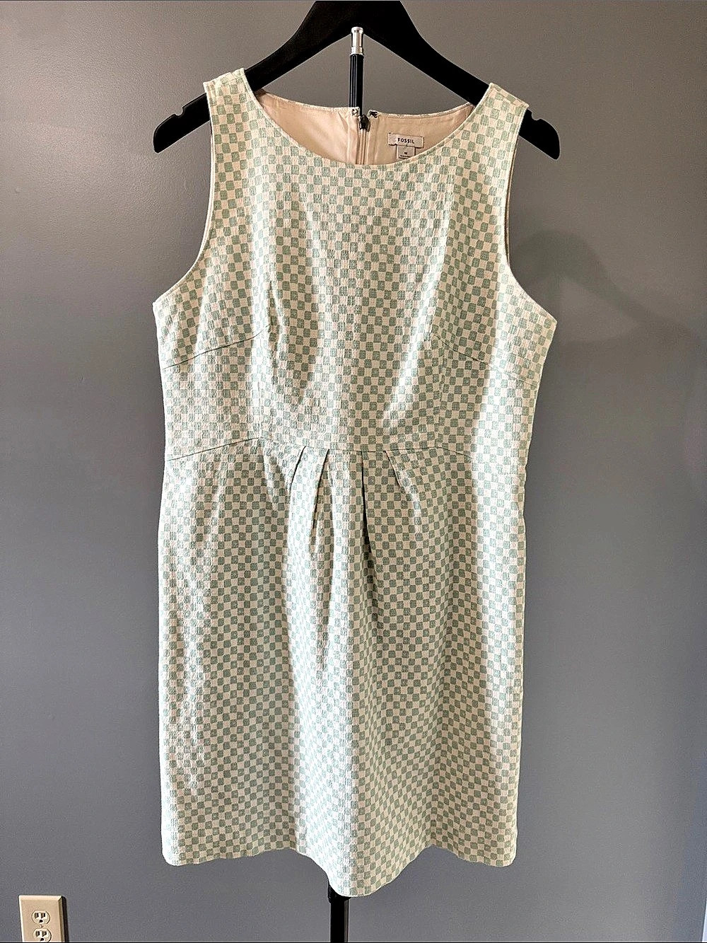 Fossil Checkered Mini Dress in Green & White Size Medium Like New